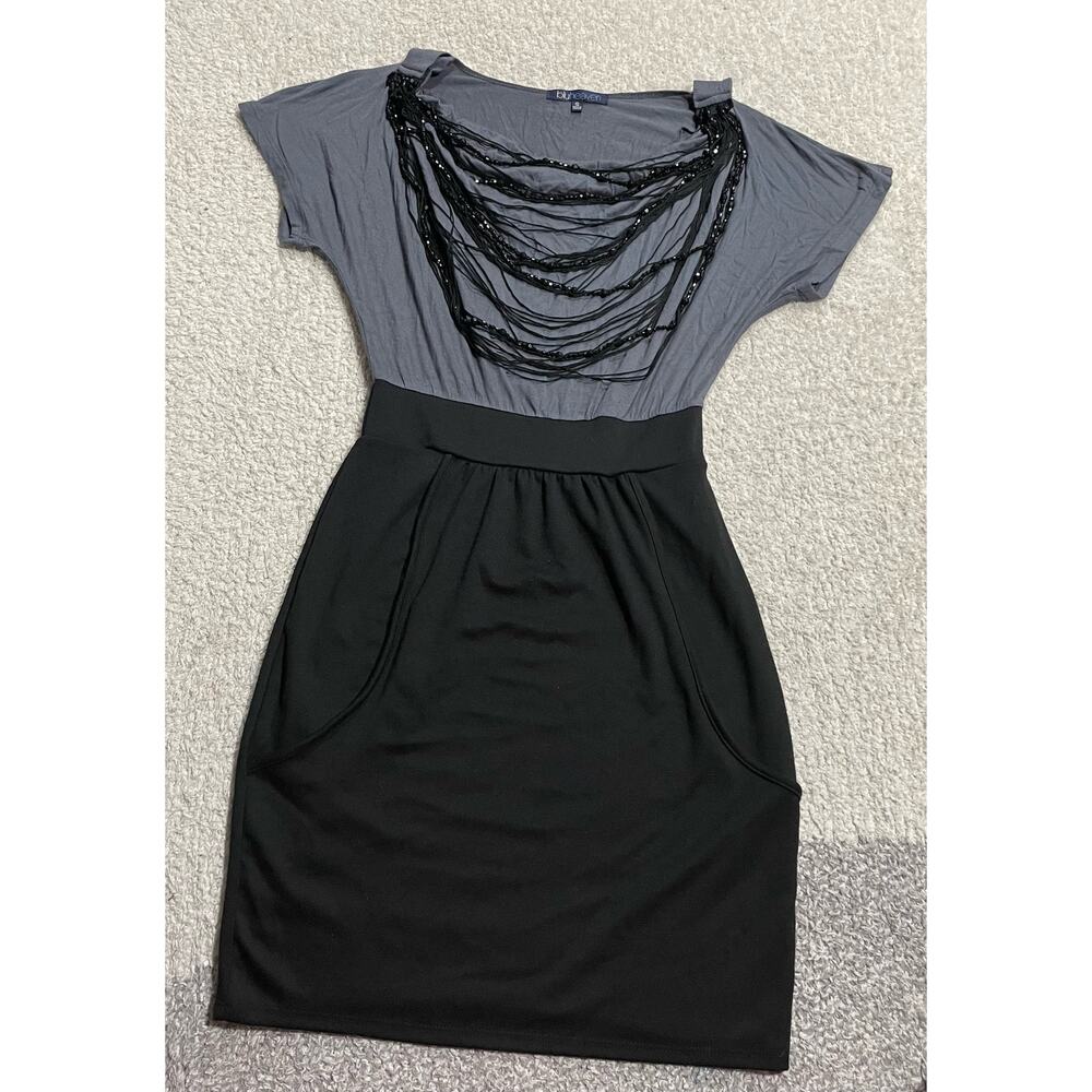 Blu Heaven Womens Small Short Sleeve Bead Necklace Mini Dress Black Grey RS 8609